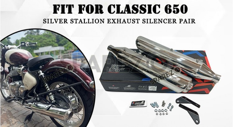 For Royal Enfield Classic 650 Silver Stallion Exhaust Silencer Pair Polished - SPAREZO